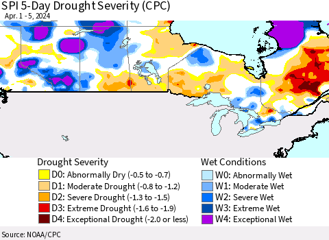 Canada SPI 5-Day Drought Severity (CPC) Thematic Map For 4/1/2024 - 4/5/2024