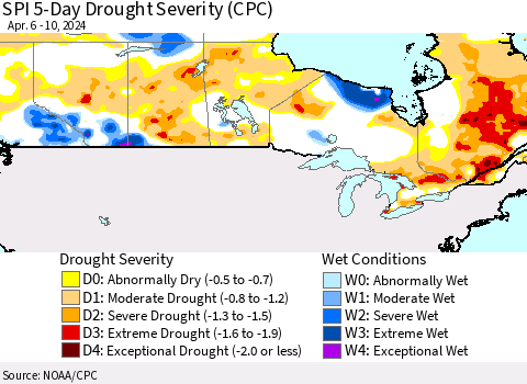 Canada SPI 5-Day Drought Severity (CPC) Thematic Map For 4/6/2024 - 4/10/2024