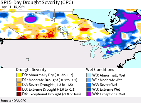 Canada SPI 5-Day Drought Severity (CPC) Thematic Map For 4/11/2024 - 4/15/2024