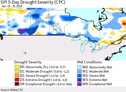 Canada SPI 5-Day Drought Severity (CPC) Thematic Map For 4/16/2024 - 4/20/2024