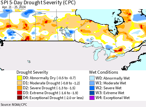 Canada SPI 5-Day Drought Severity (CPC) Thematic Map For 4/21/2024 - 4/25/2024