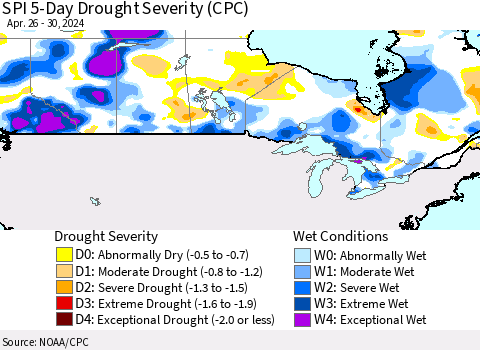 Canada SPI 5-Day Drought Severity (CPC) Thematic Map For 4/26/2024 - 4/30/2024