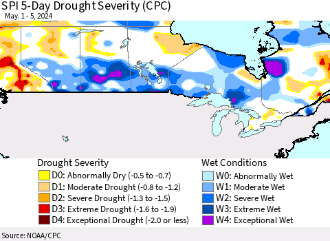 Canada SPI 5-Day Drought Severity (CPC) Thematic Map For 5/1/2024 - 5/5/2024