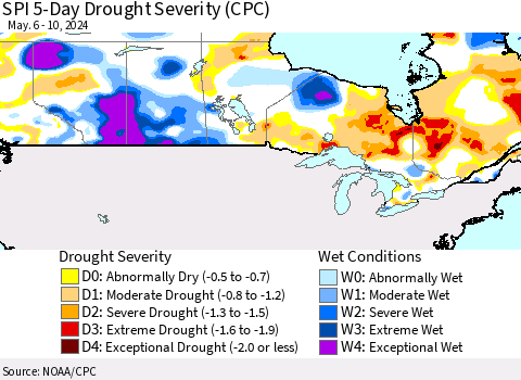 Canada SPI 5-Day Drought Severity (CPC) Thematic Map For 5/6/2024 - 5/10/2024