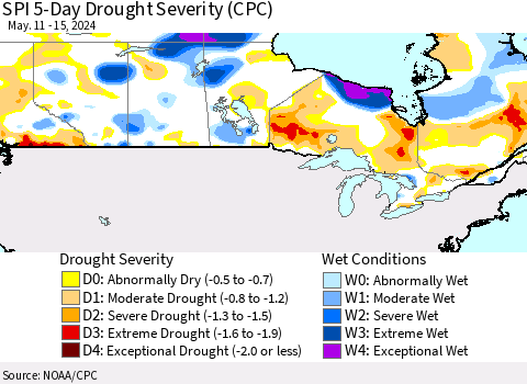 Canada SPI 5-Day Drought Severity (CPC) Thematic Map For 5/11/2024 - 5/15/2024
