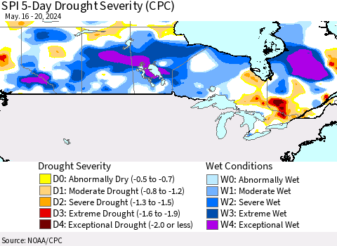 Canada SPI 5-Day Drought Severity (CPC) Thematic Map For 5/16/2024 - 5/20/2024