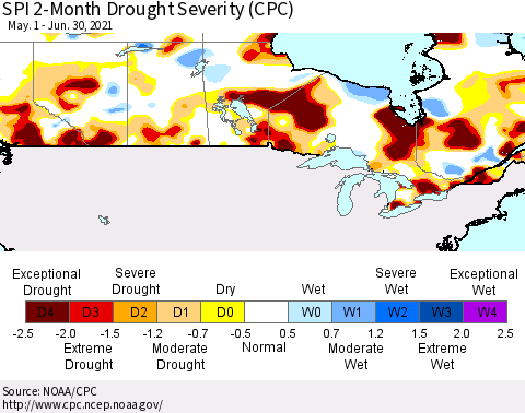 Canada SPI 2-Month Drought Severity (CPC) Thematic Map For 5/1/2021 - 6/30/2021