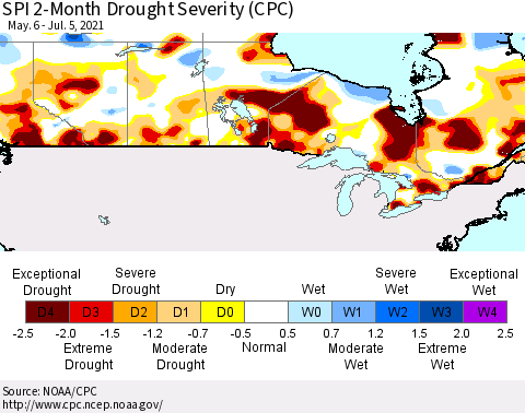 Canada SPI 2-Month Drought Severity (CPC) Thematic Map For 5/6/2021 - 7/5/2021
