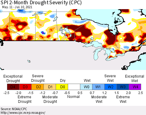 Canada SPI 2-Month Drought Severity (CPC) Thematic Map For 5/11/2021 - 7/10/2021
