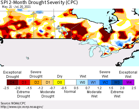 Canada SPI 2-Month Drought Severity (CPC) Thematic Map For 5/21/2021 - 7/20/2021