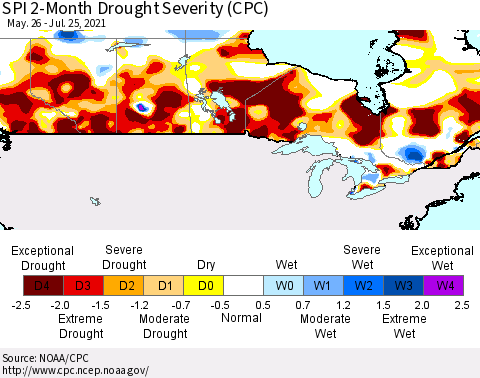 Canada SPI 2-Month Drought Severity (CPC) Thematic Map For 5/26/2021 - 7/25/2021