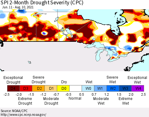 Canada SPI 2-Month Drought Severity (CPC) Thematic Map For 6/11/2021 - 8/10/2021