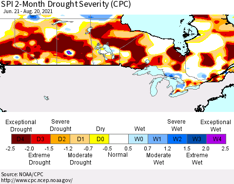 Canada SPI 2-Month Drought Severity (CPC) Thematic Map For 6/21/2021 - 8/20/2021