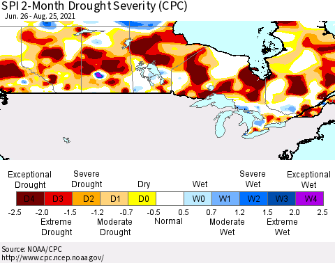 Canada SPI 2-Month Drought Severity (CPC) Thematic Map For 6/26/2021 - 8/25/2021