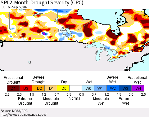 Canada SPI 2-Month Drought Severity (CPC) Thematic Map For 7/6/2021 - 9/5/2021