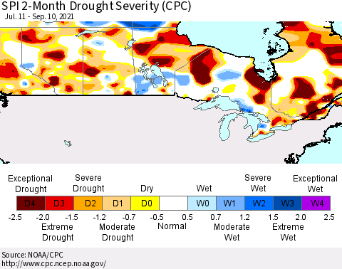 Canada SPI 2-Month Drought Severity (CPC) Thematic Map For 7/11/2021 - 9/10/2021