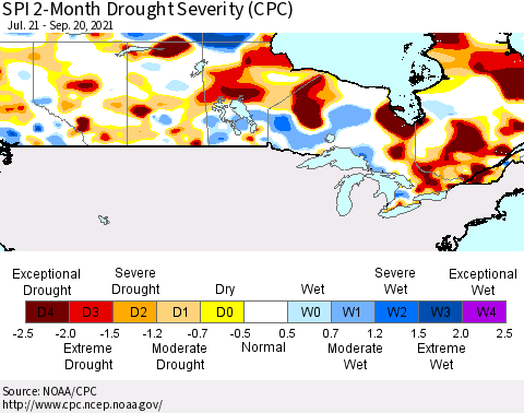 Canada SPI 2-Month Drought Severity (CPC) Thematic Map For 7/21/2021 - 9/20/2021