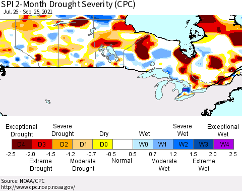 Canada SPI 2-Month Drought Severity (CPC) Thematic Map For 7/26/2021 - 9/25/2021