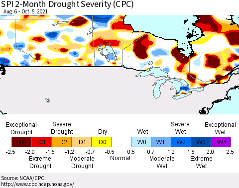 Canada SPI 2-Month Drought Severity (CPC) Thematic Map For 8/6/2021 - 10/5/2021