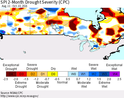 Canada SPI 2-Month Drought Severity (CPC) Thematic Map For 8/11/2021 - 10/10/2021