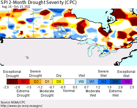 Canada SPI 2-Month Drought Severity (CPC) Thematic Map For 8/16/2021 - 10/15/2021