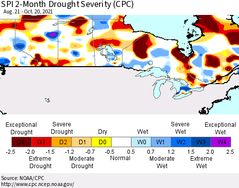 Canada SPI 2-Month Drought Severity (CPC) Thematic Map For 8/21/2021 - 10/20/2021