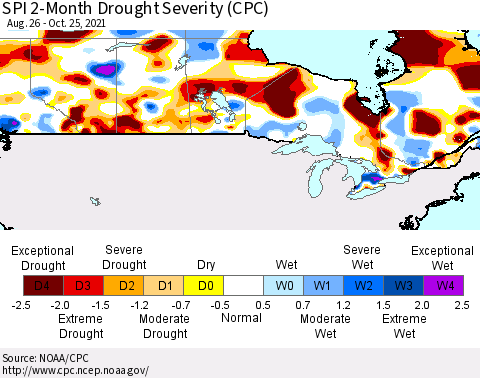 Canada SPI 2-Month Drought Severity (CPC) Thematic Map For 8/26/2021 - 10/25/2021