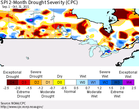 Canada SPI 2-Month Drought Severity (CPC) Thematic Map For 9/1/2021 - 10/31/2021