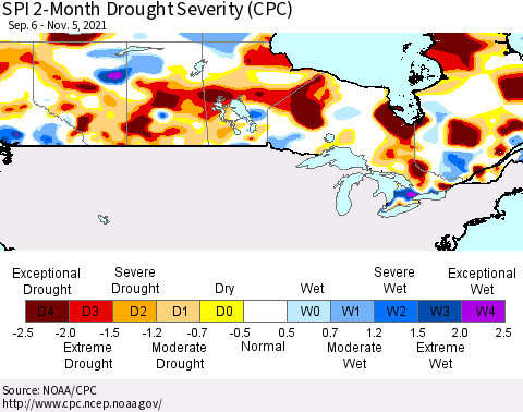 Canada SPI 2-Month Drought Severity (CPC) Thematic Map For 9/6/2021 - 11/5/2021