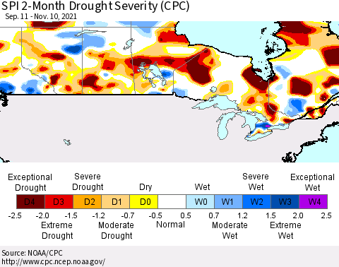 Canada SPI 2-Month Drought Severity (CPC) Thematic Map For 9/11/2021 - 11/10/2021