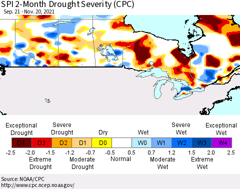 Canada SPI 2-Month Drought Severity (CPC) Thematic Map For 9/21/2021 - 11/20/2021