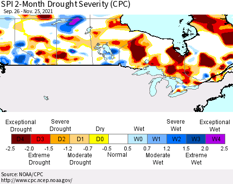 Canada SPI 2-Month Drought Severity (CPC) Thematic Map For 9/26/2021 - 11/25/2021