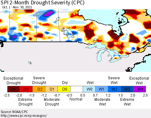Canada SPI 2-Month Drought Severity (CPC) Thematic Map For 10/1/2021 - 11/30/2021