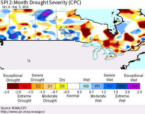 Canada SPI 2-Month Drought Severity (CPC) Thematic Map For 10/6/2021 - 12/5/2021