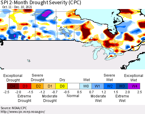 Canada SPI 2-Month Drought Severity (CPC) Thematic Map For 10/11/2021 - 12/10/2021