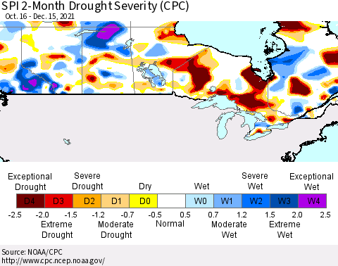 Canada SPI 2-Month Drought Severity (CPC) Thematic Map For 10/16/2021 - 12/15/2021