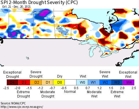 Canada SPI 2-Month Drought Severity (CPC) Thematic Map For 10/21/2021 - 12/20/2021