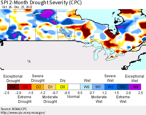 Canada SPI 2-Month Drought Severity (CPC) Thematic Map For 10/26/2021 - 12/25/2021