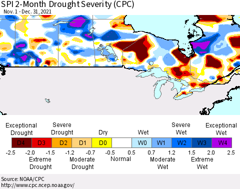 Canada SPI 2-Month Drought Severity (CPC) Thematic Map For 11/1/2021 - 12/31/2021