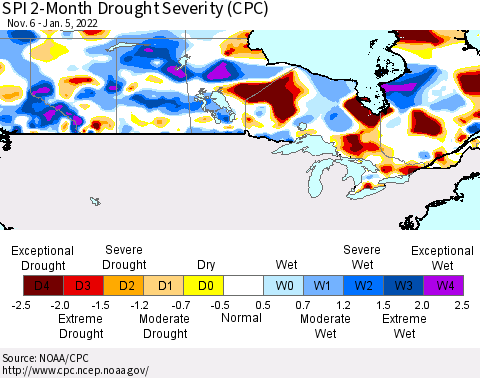 Canada SPI 2-Month Drought Severity (CPC) Thematic Map For 11/6/2021 - 1/5/2022