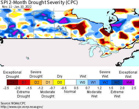 Canada SPI 2-Month Drought Severity (CPC) Thematic Map For 11/11/2021 - 1/10/2022