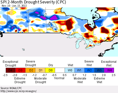 Canada SPI 2-Month Drought Severity (CPC) Thematic Map For 11/16/2021 - 1/15/2022