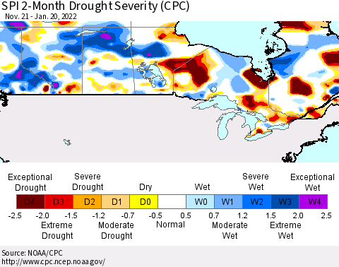 Canada SPI 2-Month Drought Severity (CPC) Thematic Map For 11/21/2021 - 1/20/2022