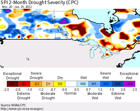 Canada SPI 2-Month Drought Severity (CPC) Thematic Map For 11/26/2021 - 1/25/2022
