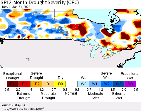 Canada SPI 2-Month Drought Severity (CPC) Thematic Map For 12/1/2021 - 1/31/2022