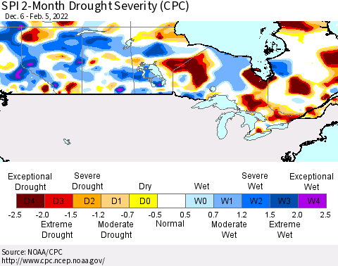 Canada SPI 2-Month Drought Severity (CPC) Thematic Map For 12/6/2021 - 2/5/2022
