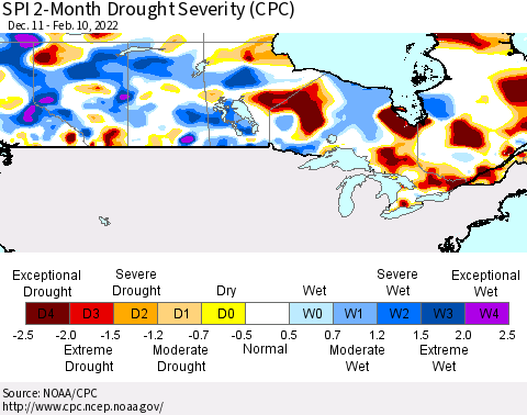 Canada SPI 2-Month Drought Severity (CPC) Thematic Map For 12/11/2021 - 2/10/2022
