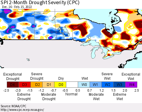 Canada SPI 2-Month Drought Severity (CPC) Thematic Map For 12/16/2021 - 2/15/2022