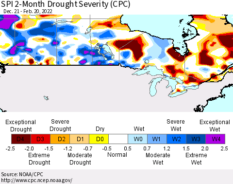 Canada SPI 2-Month Drought Severity (CPC) Thematic Map For 12/21/2021 - 2/20/2022