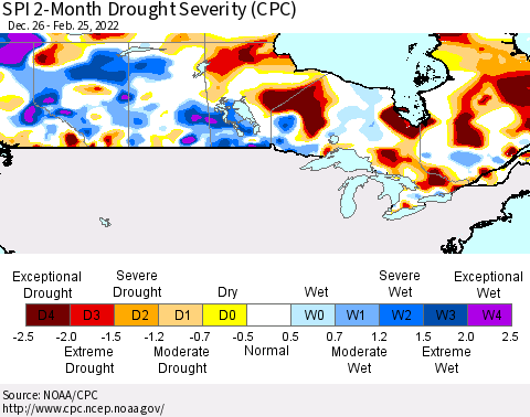 Canada SPI 2-Month Drought Severity (CPC) Thematic Map For 12/26/2021 - 2/25/2022